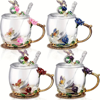 Four-Piece Floral Glass Tea Mug Set with Butterfly Lids, Rose Handles, Spoons and 12-Ounce Option