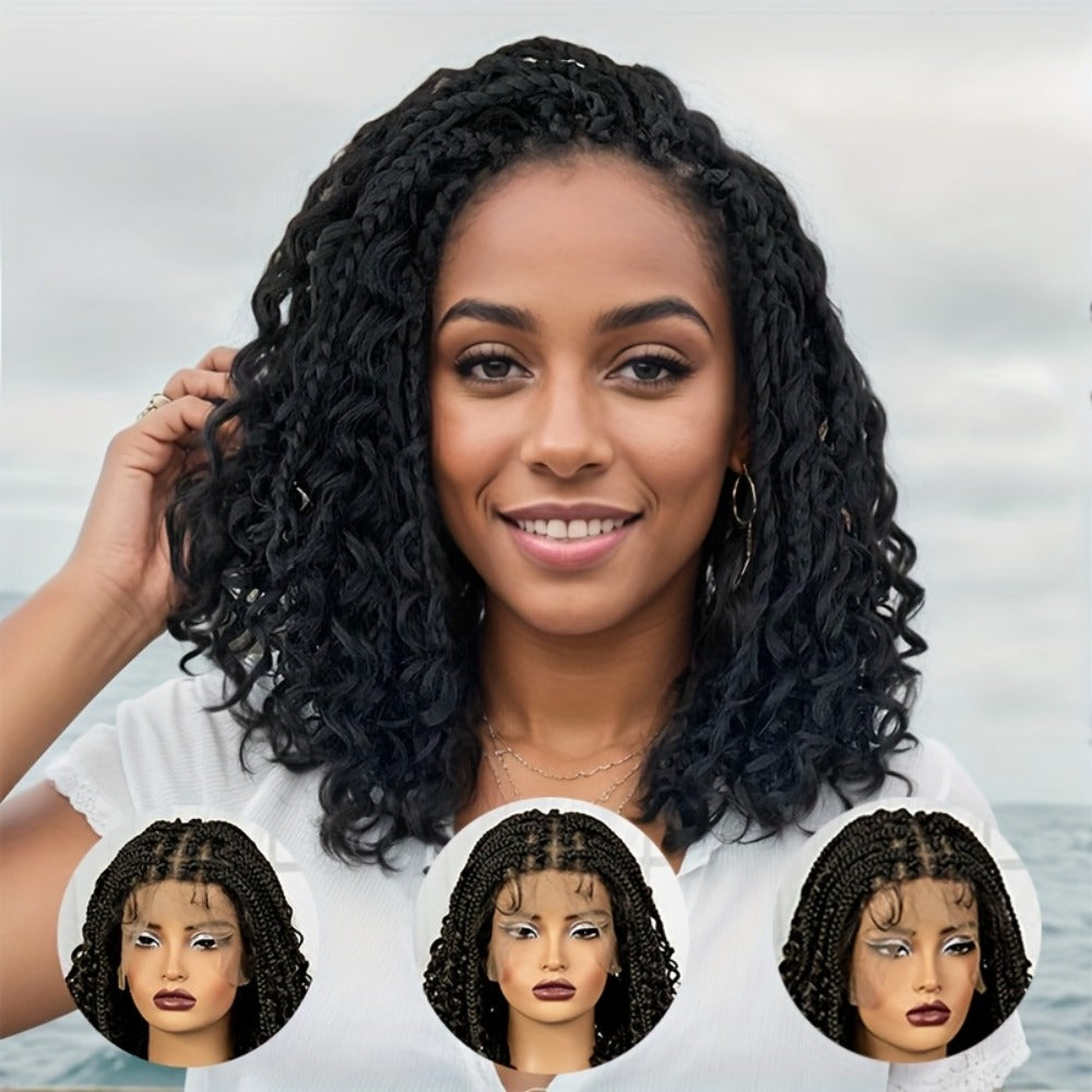 Sixteen-Inch Braided Wig with Full Lace Cap, Curly Ends and Four Black or Multicolor Checkout Options