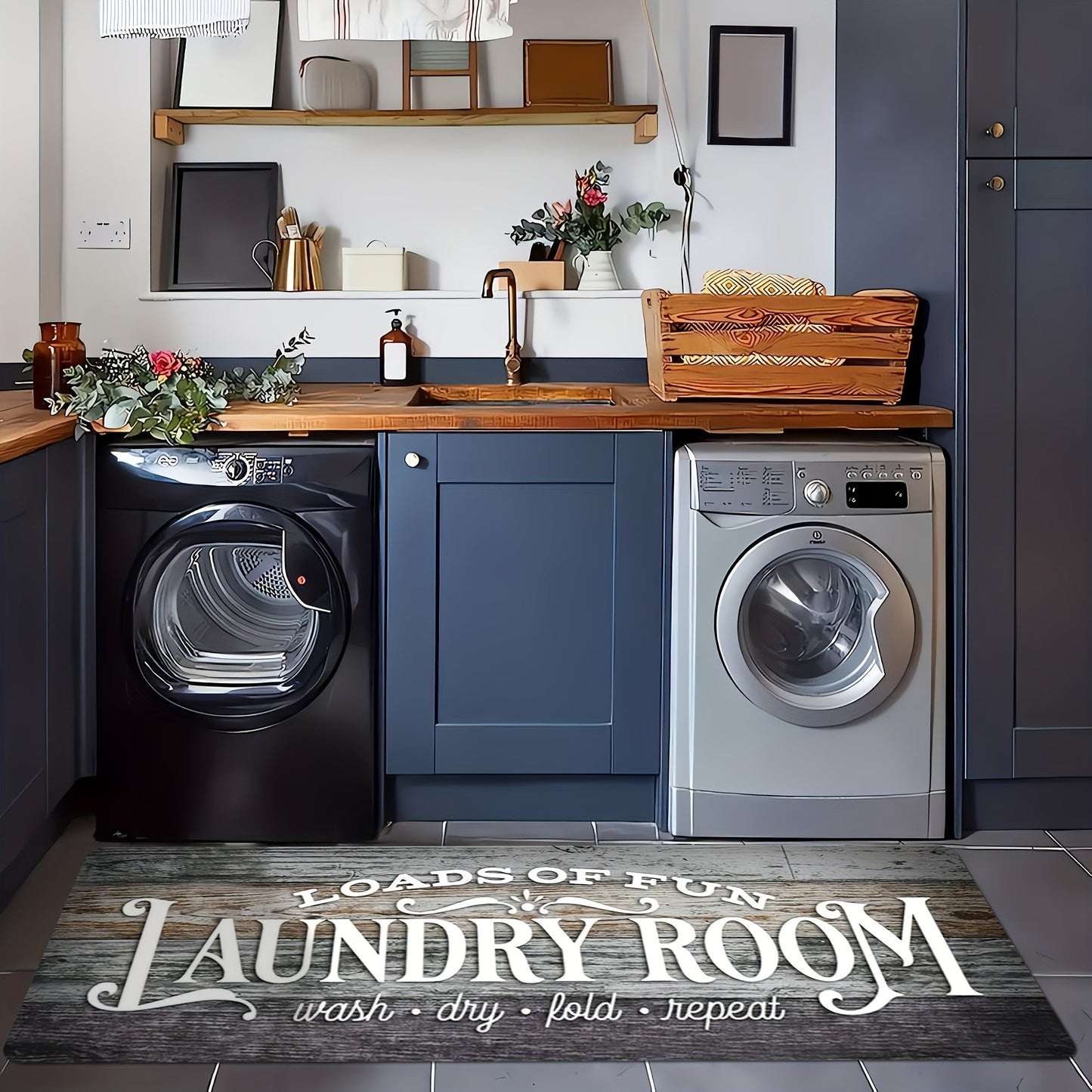 Farmhouse Laundry Room Runner Rug - Non-Slip Washable Retro Kitchen & Bathroom Mat | Anti-Slip Floor Runner for Laundry Room, Kitchen, Bathroom & Entryway | Boho Home Decor Accent Rug Multiple Sizes