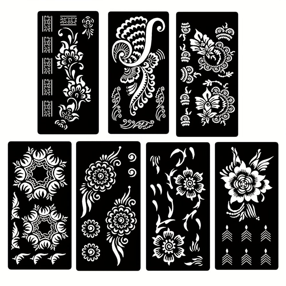 Seven-Piece Floral Tattoo Stencil Set with Paisley and Henna-Style Designs in SM031 or SM032