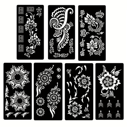 Seven-Piece Floral Tattoo Stencil Set with Paisley and Henna-Style Designs in SM031 or SM032