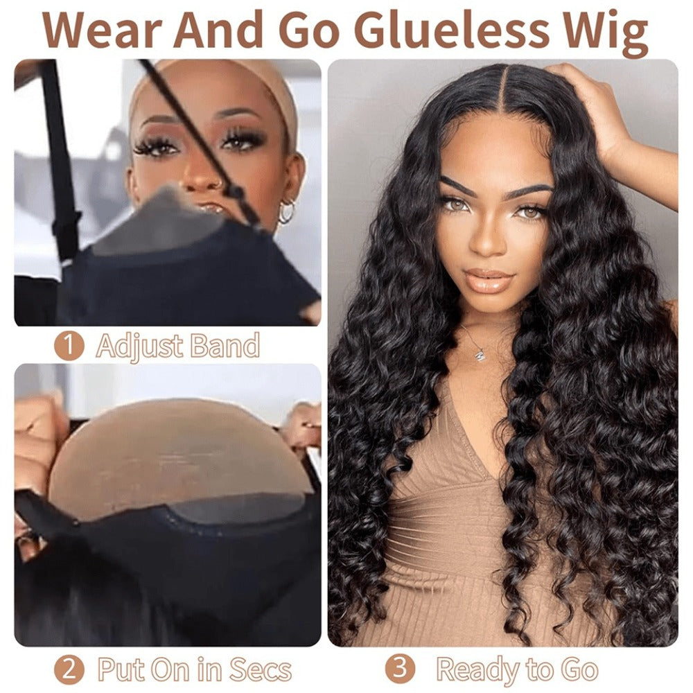 Lace Front Wig Deep-Wave Human Hair, 14-Inch Natural Black with 250% Density and Pre-Cut Buckle Cap