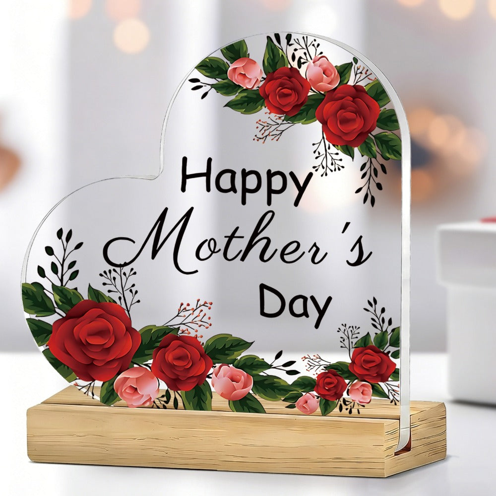 Mother's Day Heart-Shaped Acrylic Sign with Floral Print, 10.8 cm Height and Freestanding Wooden Base