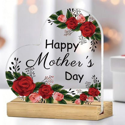 Mother's Day Heart-Shaped Acrylic Sign with Floral Print, 10.8 cm Height and Freestanding Wooden Base