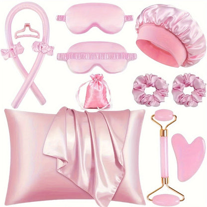 Twelve-Piece Heatless Curling Set with Satin Bonnet, Eye Mask, Hairband and Bag in Three Colors