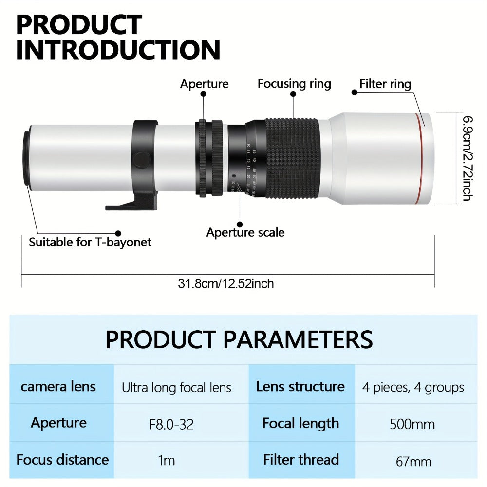 500mm F/8 Manual-Focus Telephoto Lens with T-Mount Adapters in Four Canon EF or Nikon F Options