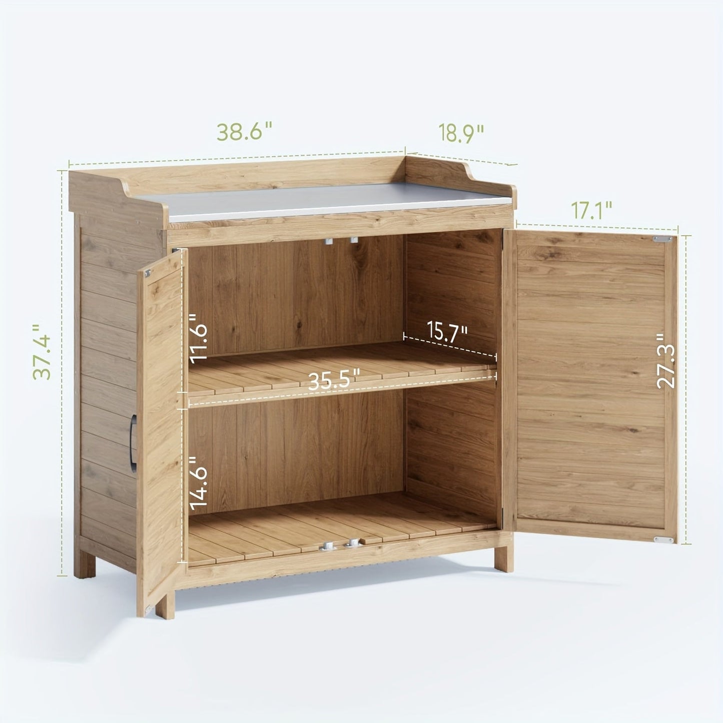 Wood Garden Potting Cabinet with Galvanized Metal Worktop, Double Doors and Removable Interior Shelf