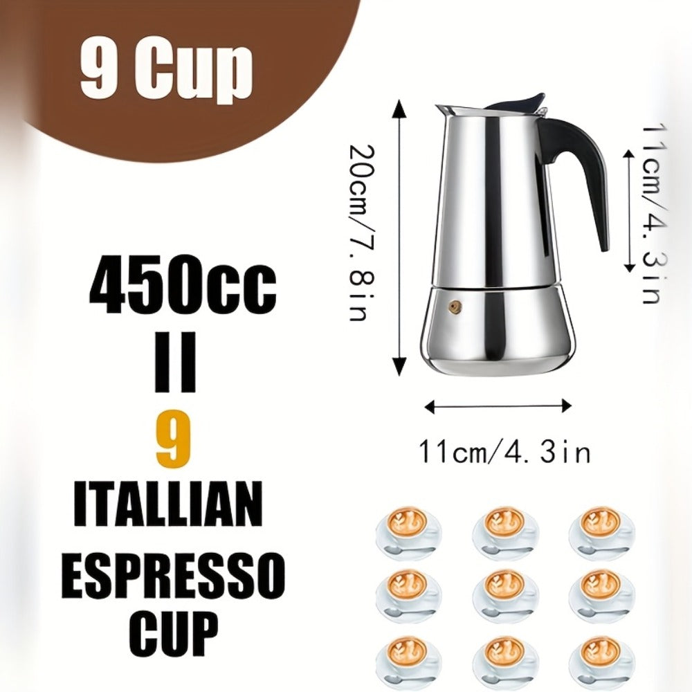 Straight-Sided Stovetop Moka Pot with Reusable Filter, Safety Valve and 2-, 4-, 6-, 9- or 12-Cup Options