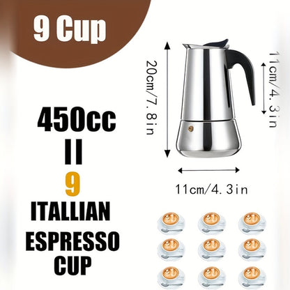 Straight-Sided Stovetop Moka Pot with Reusable Filter, Safety Valve and 2-, 4-, 6-, 9- or 12-Cup Options
