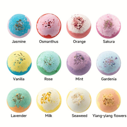 Bath Bombs, 12-Piece Extra-Large Gift Box with Assorted Colors, Labeled Scents and Forest Bath Ball Option