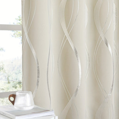 Two-Panel Wave-Line Foil Print Blackout Curtains in 10 Colors with 42- or 52-Inch Width Options
