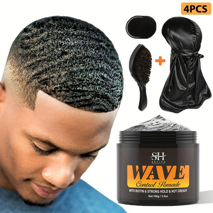 Wave Pomade Set for Men Strong Hold 360 Waves — Glycerin Formula Silky Shine, 4-Piece or 5-Piece Bundle with Silky Durag & Wave Brush, Deep Wave Pattern Hair Styling Kit, 100g