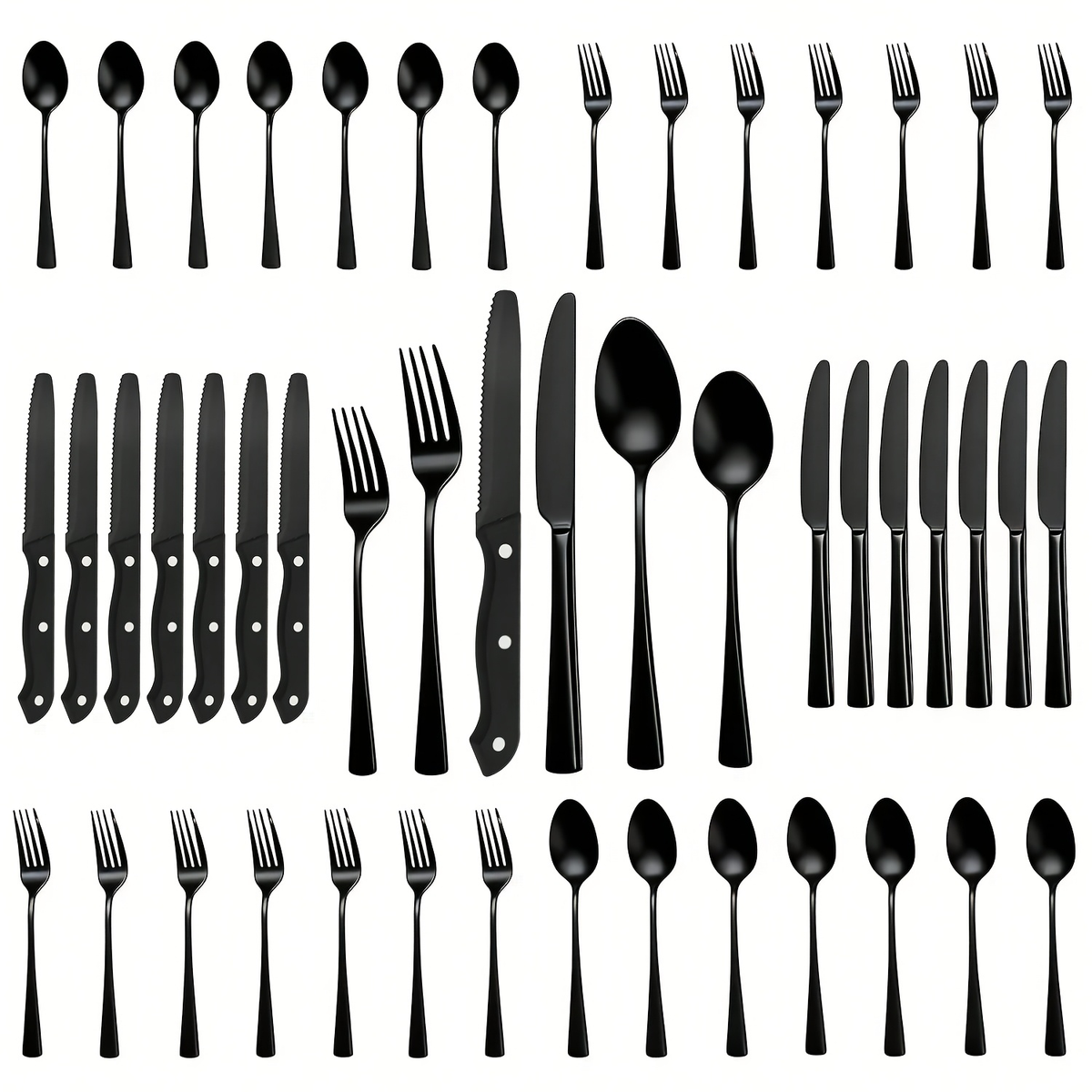 24- or 48-Piece Flatware Set with Silver, Gold or Black Finish Options and Black-Handle Steak Knives
