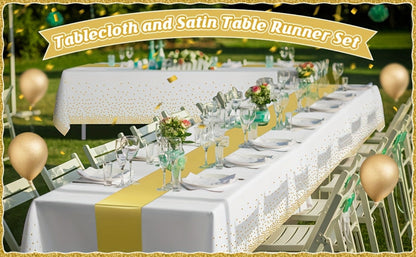 White and Gold Party Tablecloth and Runner Set, 10 Pieces with Five Covers and Five 12 x 108 Inch Runners