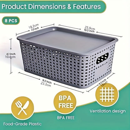 Flip-Top Lid Storage Baskets Set of 8 in White for Desktop, Documents and Shelf Organization