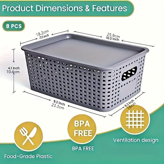 Flip-Top Lid Storage Baskets Set of 8 in White for Desktop, Documents and Shelf Organization