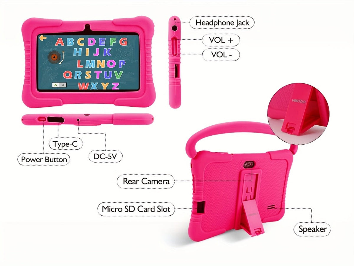 Veidoo Kids Tablet 7 Inch Eye Protection Screen 2GB RAM 32GB ROM Android WiFi Dual Camera Parental Control Educational Games Drop-Proof Silicone Cover Children Learning Tablet Pink Blue