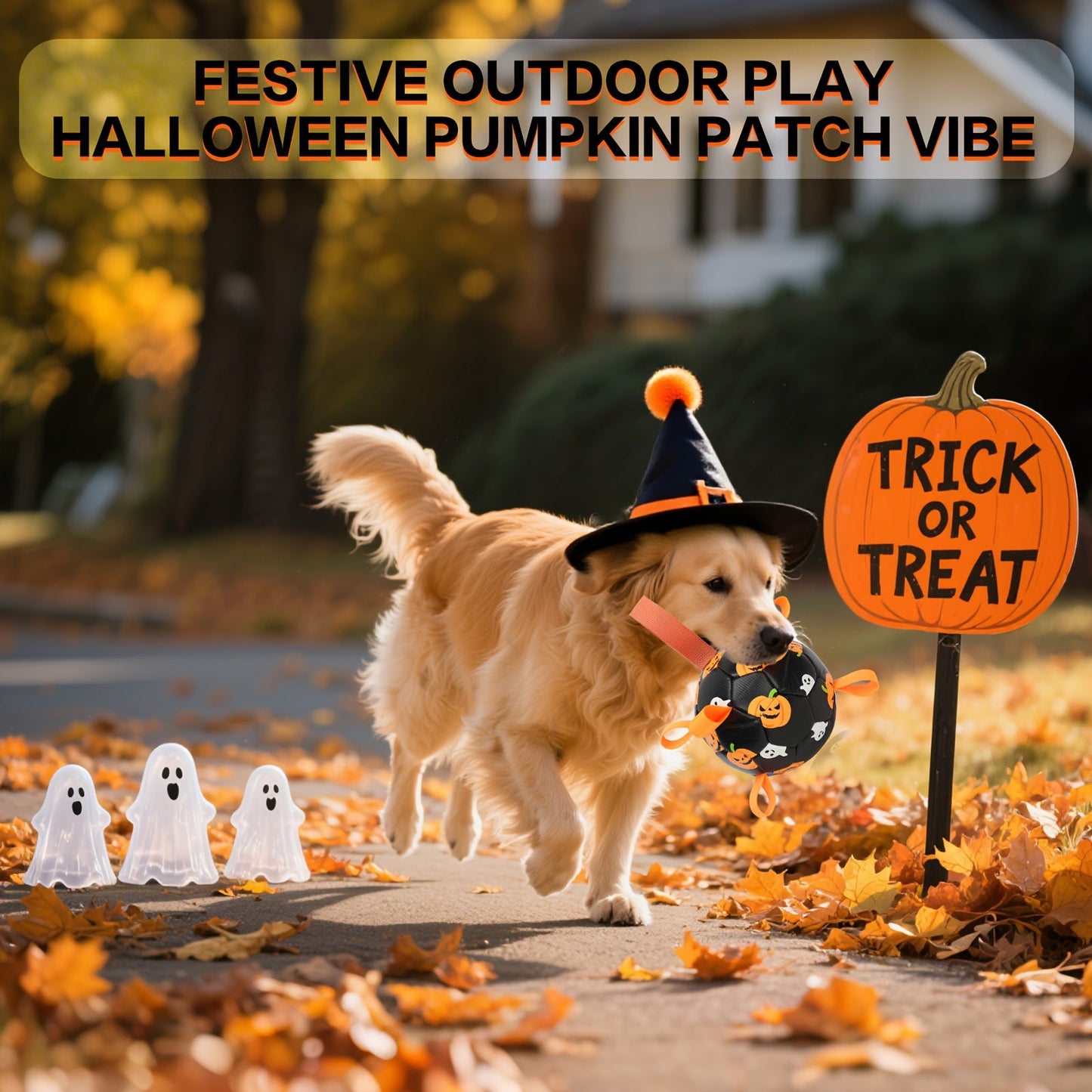 Dog Toy Halloween Pumpkin-Ghost Football with Pump, Strap and 6 or 7.28-Inch Size Options for Dogs