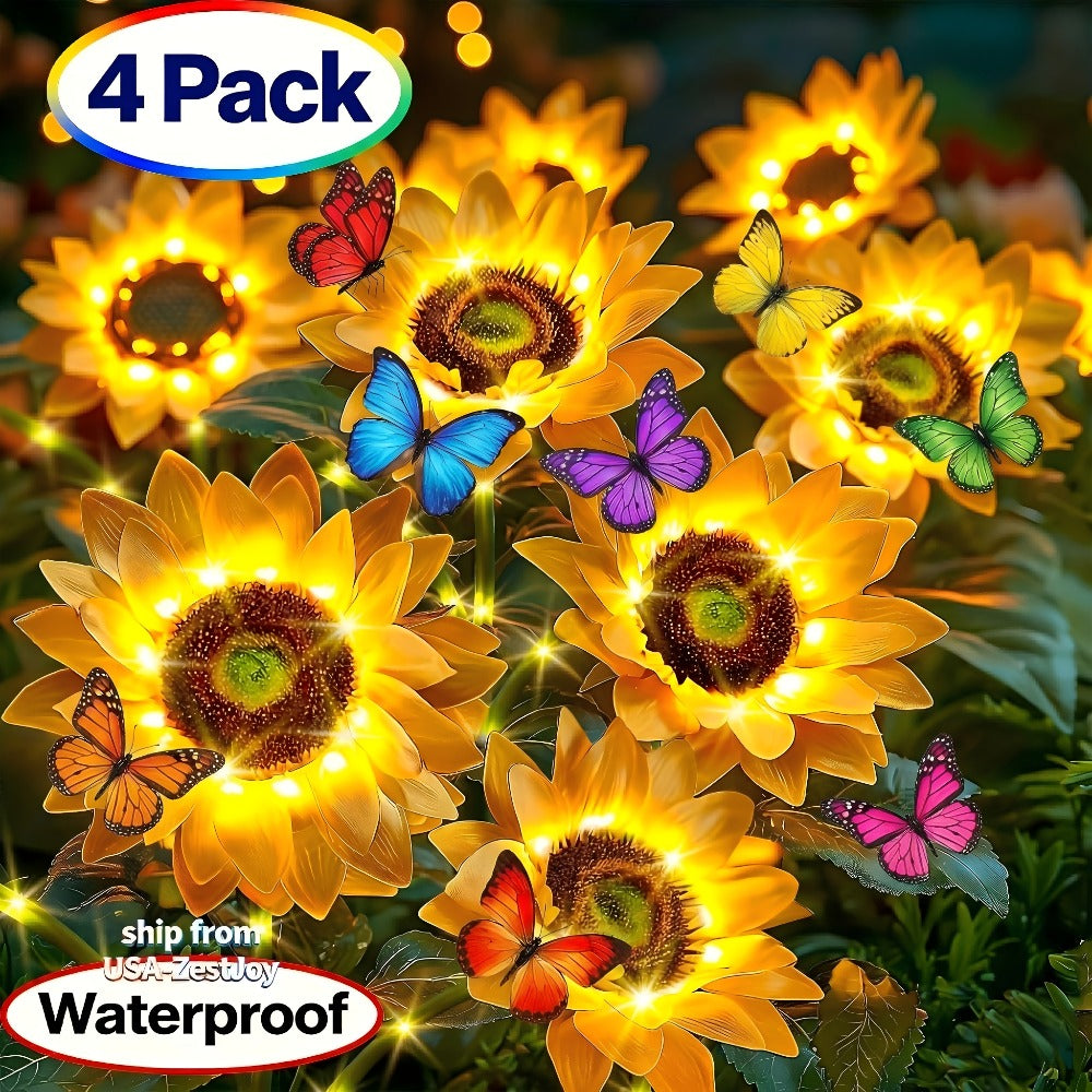 Solar Sunflower Garden Stake Lights, Four Assemblies with 12 Flowers and 8 Butterfly Clips