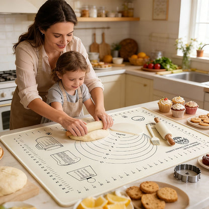 Silicone Baking Mat Set 4pcs, Extra Thick Non-Stick Pastry Mat with Measurement Scales, Non-Slip Dough Kneading Mat, Includes Rolling Pin, Dough Scraper and Storage Bag, Reusable Kitchen Baking Tools