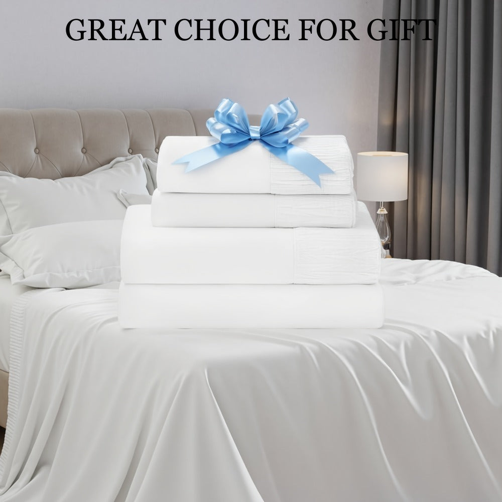 Sheet Set, Four-Piece Solid-Color Bedding with Deep-Pocket Fitted Sheet, Flat Sheet and Two Pillowcases