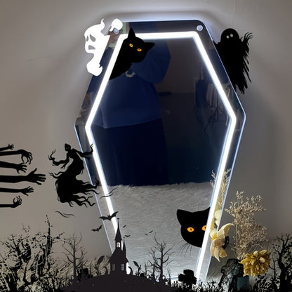 Gothic Coffin Shaped Neon Wall Mirror USB Powered LED Neon Light Mirror Irregular Decorative for Entryways, Bedrooms and Living Spaces