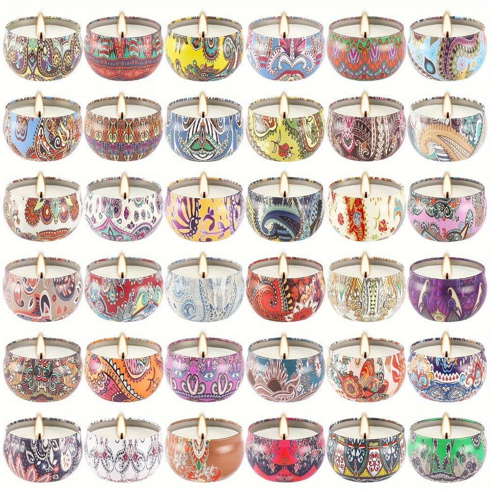 36-Piece Candle Gift Set with Lidded 2.5oz Decorative Tins in Three Coordinated Design Families