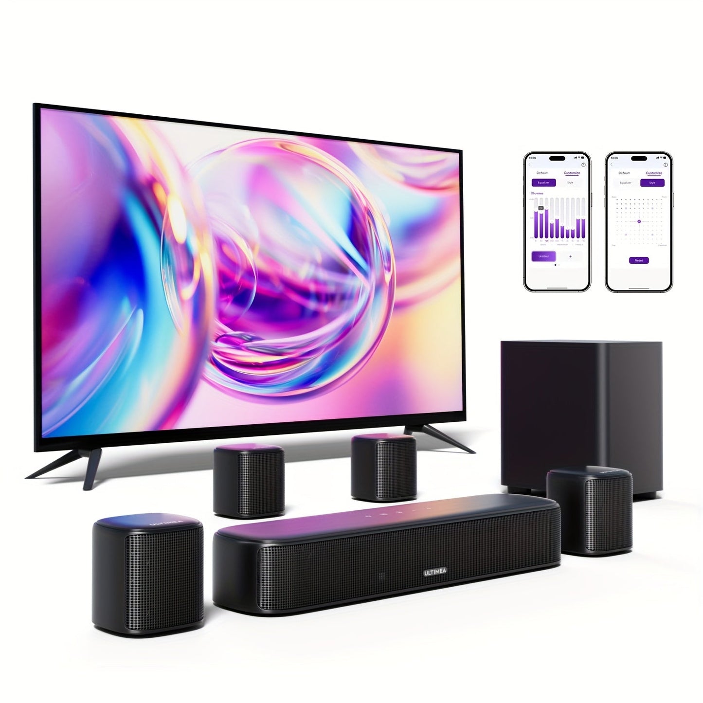 5.1 Surround Sound Bar System with Wired Subwoofer 2 Surround Speakers App Control SurroundX Technology 6 EQ Modes Optical AUX Home Theater TV Soundbar for Smart TV