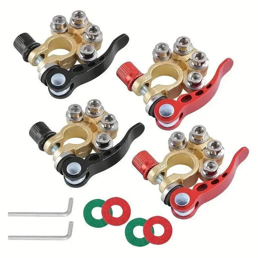 Car Battery Terminal Connectors Kit - 4-Way Quick Release Disconnect Clamps, Positive & Negative SAE/JIS Type A Posts for Car, Truck, Motorcycle & Marine (4-Piece Set, Gold)