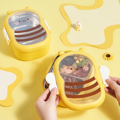 Cute Bee Lunch Box Stainless Steel, 304 Food Grade 2-Compartment Bento Box with Bee-Themed Lid for Kids