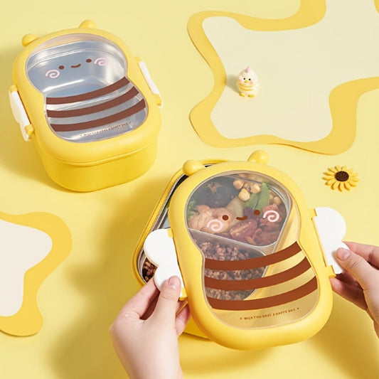 Cute Bee Lunch Box Stainless Steel – 304 Food Grade 2-Compartment Bento Box with Bee-Themed Lid for Kids, School, Office & Picnic – Lightweight Leakproof Lunchbox Gift
