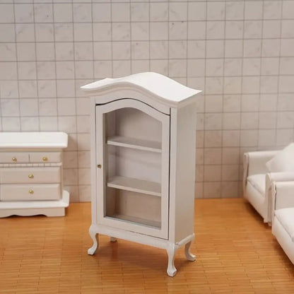 White Miniature Dollhouse Display Cabinet with Mirrored Back, Three Clear Shelves and 16 cm Height