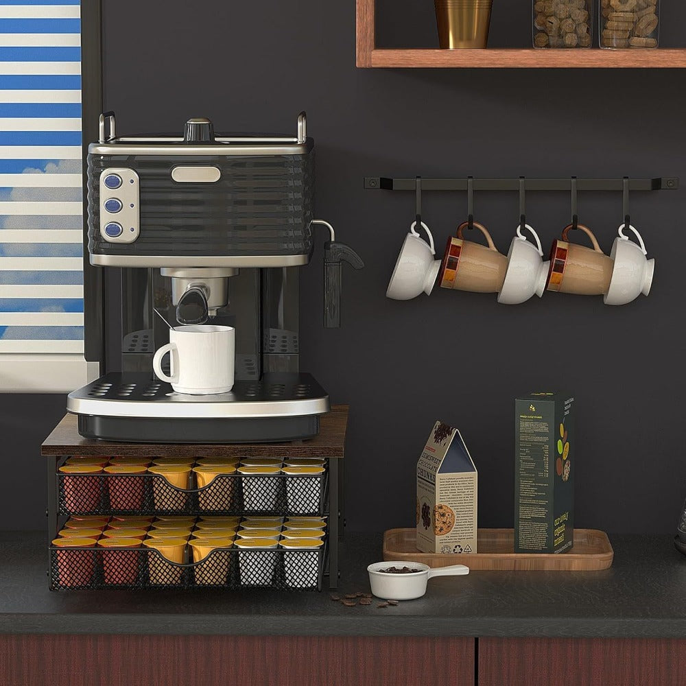 K-Cup Coffee Pod Holder 72 Capacity – 2-Tier Sliding Drawer Coffee Pod Organizer with Wood Top & Metal Frame, Non-Slip Base, Stackable Countertop Storage for Home, Office & Cafe – Silver