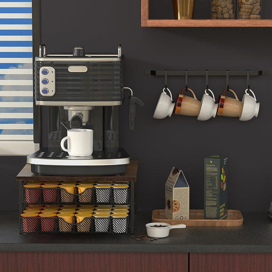 K-Cup Coffee Pod Holder 72 Capacity – 2-Tier Sliding Drawer Coffee Pod Organizer with Wood Top & Metal Frame, Non-Slip Base, Stackable Countertop Storage for Home, Office & Cafe – Silver