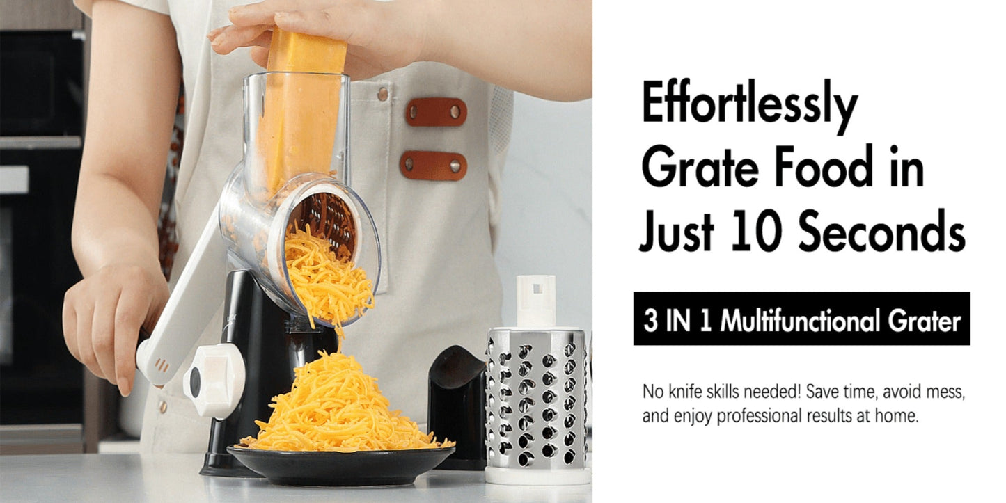 Rotary Cheese Grater – Stainless Steel Hand Crank Shredder with 3 Interchangeable Blades, Non-Slip Suction Base & Cleaning Brush, BPA-Free Vegetable Grater for Cheese, Nuts & Vegetables