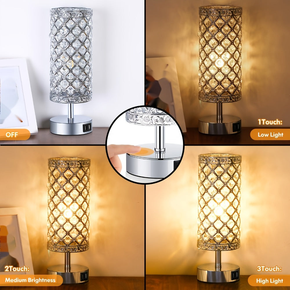 Crystal Bedside Table Lamp with Touch Control & 2 USB Charging Ports, 3-Way Dimmable Nightstand Lamp with Decorative Crystal Base, LED Bulb Included, for Bedroom Living Room Office