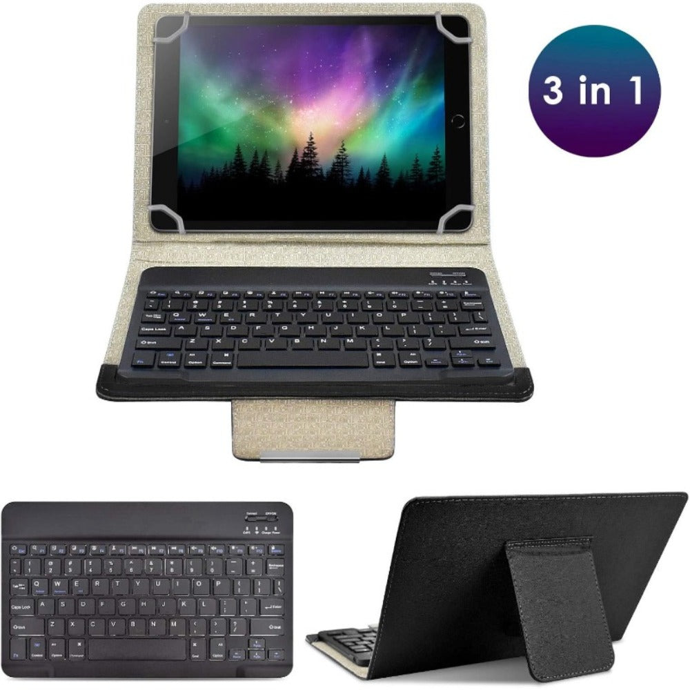 Universal Tablet Case with Wireless Keyboard 10.1 Inch – Removable Bluetooth Keyboard, PU Leather Folio Cover, Built-in Stand, Compatible with iOS Android Windows Tablets, Travel Portable Sleeve