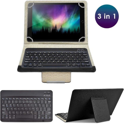 Universal Tablet Case with Wireless Keyboard 10.1 Inch – Removable Bluetooth Keyboard, PU Leather Folio Cover, Built-in Stand, Compatible with iOS Android Windows Tablets, Travel Portable Sleeve