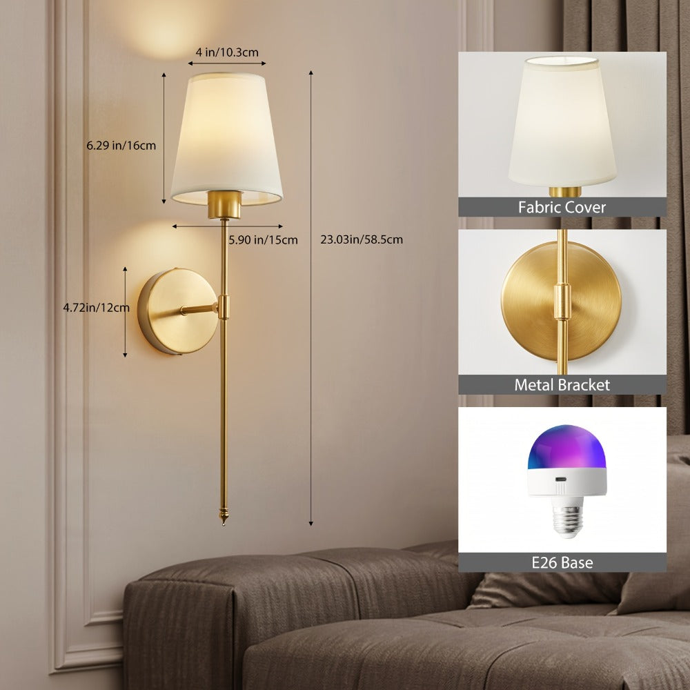 Rechargeable Two-Piece Wall Sconce Set with Fabric Shades, 15-Color RGB Bulbs and Remote in Gold or Black
