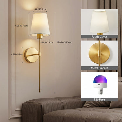 Rechargeable Two-Piece Wall Sconce Set with Fabric Shades, 15-Color RGB Bulbs and Remote in Gold or Black