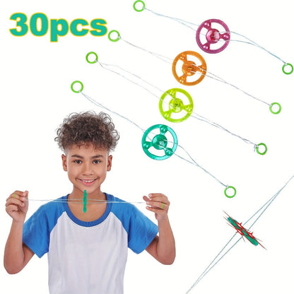 Thirty Pull-String Flywheel Spinner Toys with Four Assorted Colors and Pictured 7cm Wheel Diameter