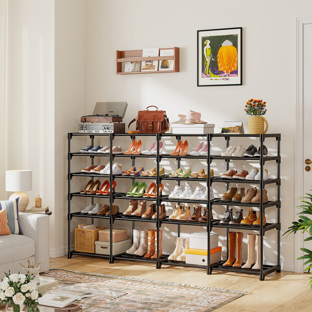 Shoe Rack 4-Row 9-Tier Metal Organizer for Up to 64 Pairs with Modular Black Freestanding Design