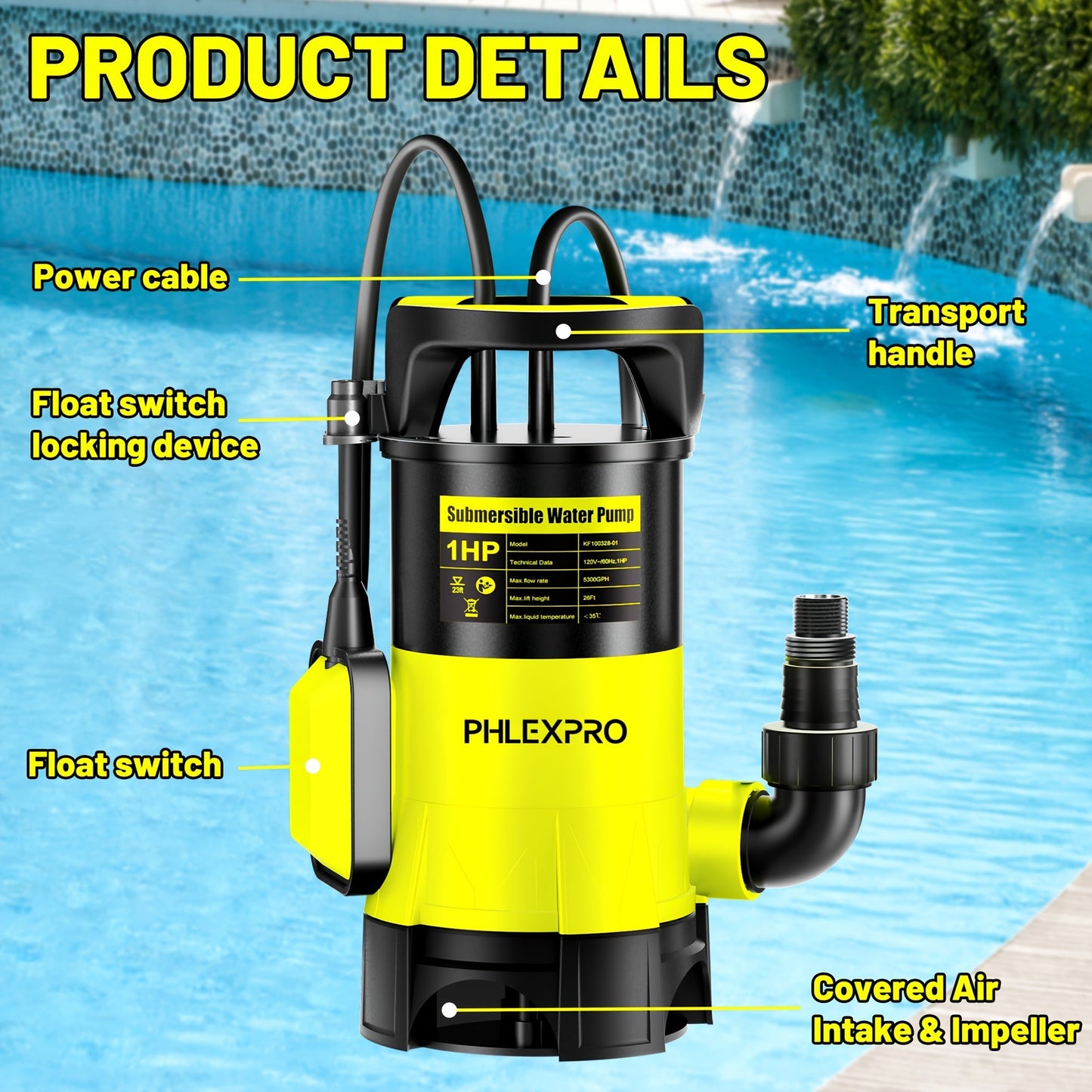 Submersible Sump Pump 1HP 5300GPH 750W with Float Switch 26ft Cord for Pool Pond Basement Garden