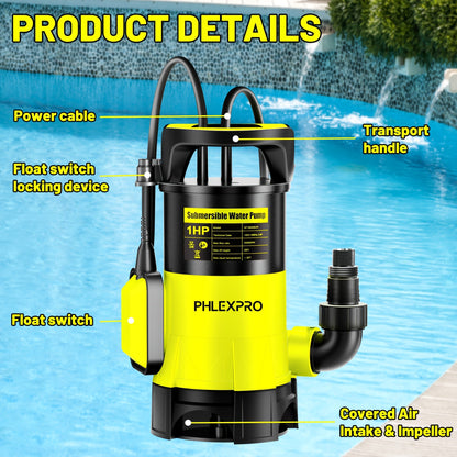 Submersible Sump Pump 1HP 5300GPH 750W with Float Switch 26ft Cord for Pool Pond Basement Garden