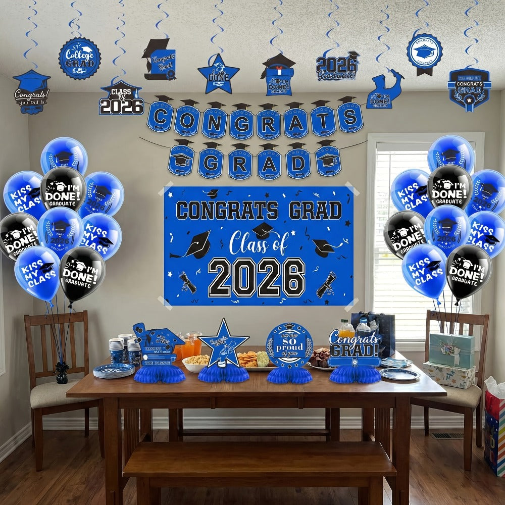 Party Decorations Class of 2026 Graduation Set with Backdrop, Banner, Swirls and Table Pieces in Five Colors