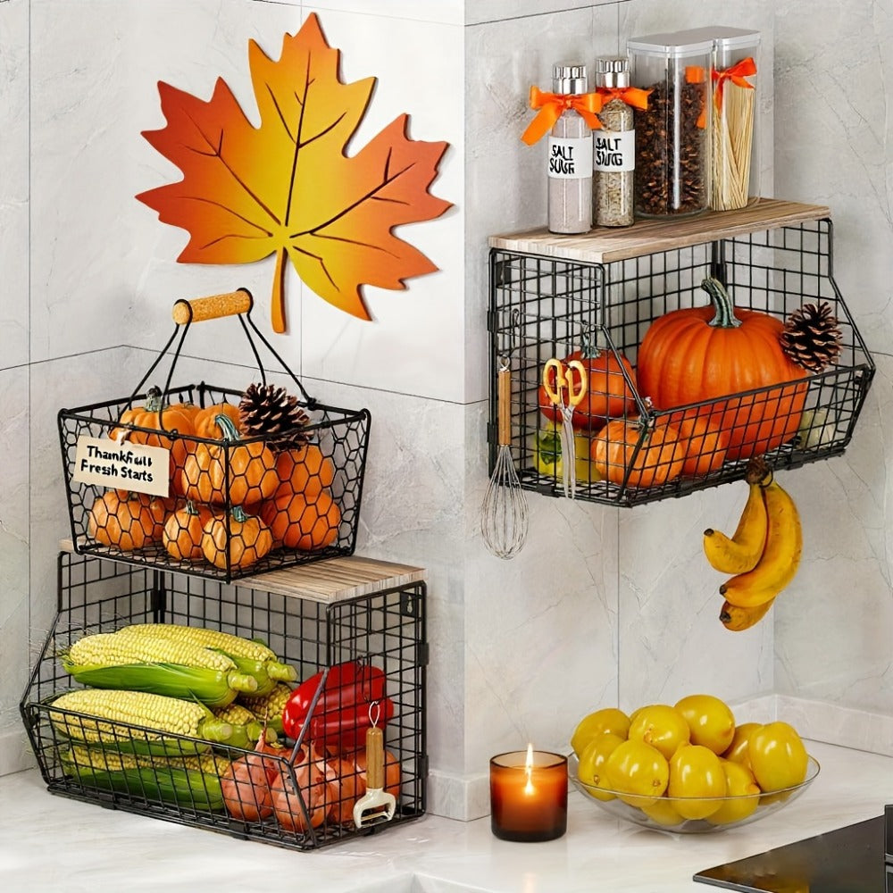 Stackable Metal Wire Fruit Basket with Lid, 1 or 2-Tier Hanging Kitchen Pantry Storage Bin
