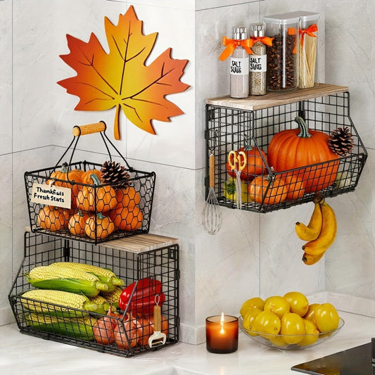 Stackable Metal Wire Fruit Basket with Lid – 1 or 2-Tier Hanging Kitchen Pantry Storage Bin, Wall-Mounted or Countertop Vegetable Organizer for Potato, Onion & Produce, Black