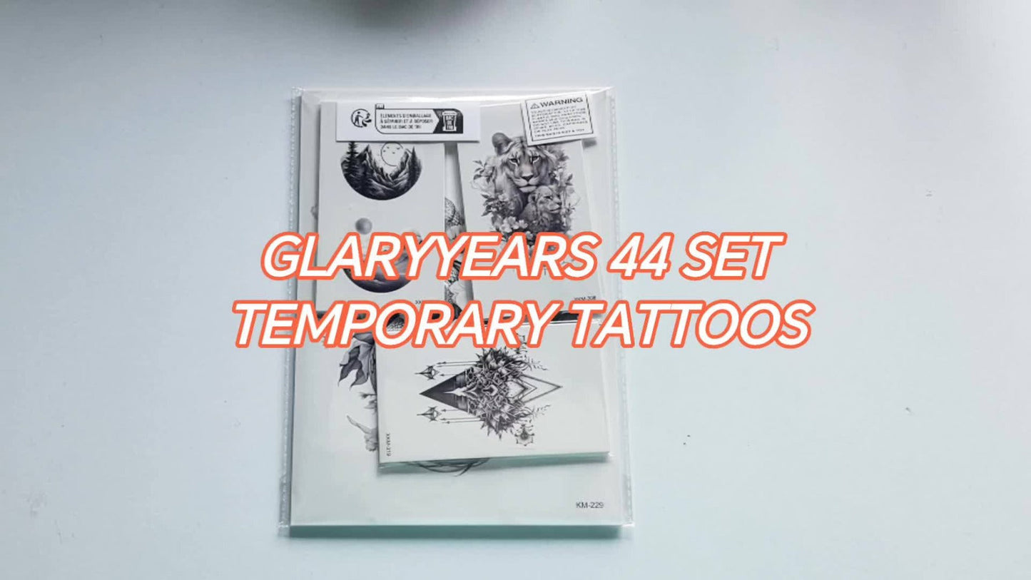 Temporary Tattoos, 44-Sheet Black Animal and Mountain Set with Wolf, Lion and Tiger Designs in Large and Small Sizes