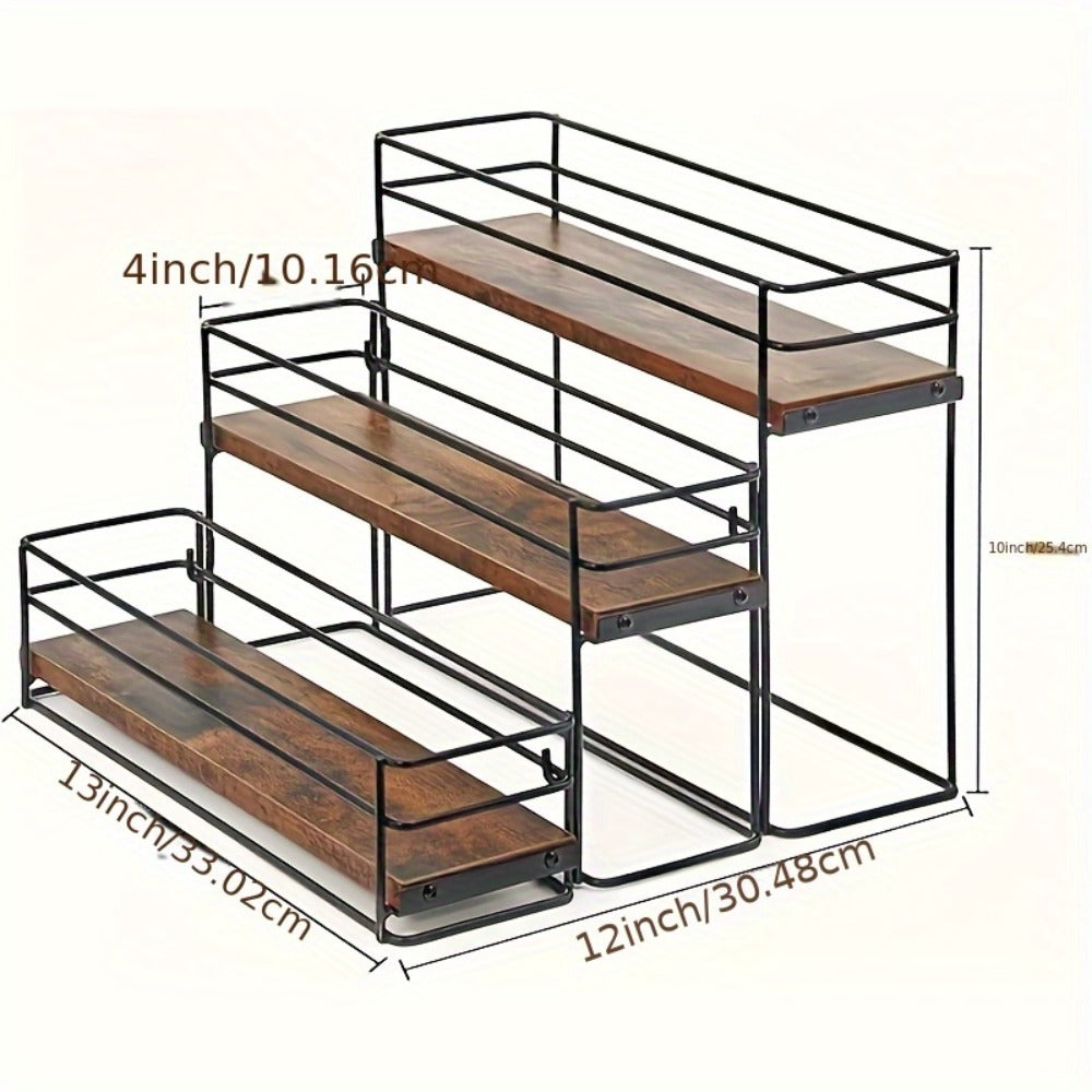 Three-Tier Countertop Bottle Rack with Black Metal Frame, Wood-Look Shelves and Twelve-Bottle Layout