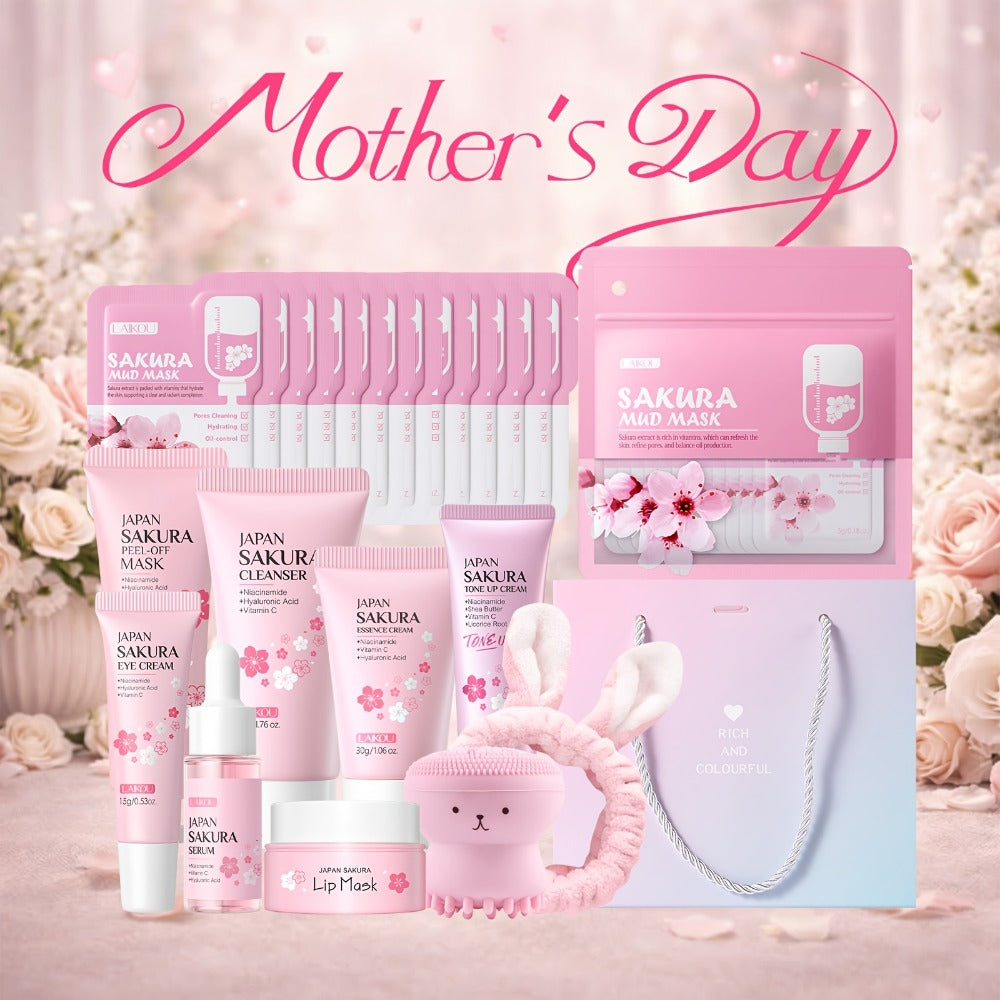 Skincare Set with LAIKOU Label, 10 Sakura Products for Cleanser Serum Cream Mask Lip and Eye Steps